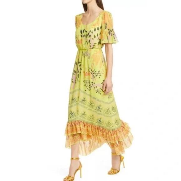 Saloni Pippa Silk Midi Dress Georgette Jungle Yellow Ruffle Citrus Floral NWT 6 - Picture 1 of 16